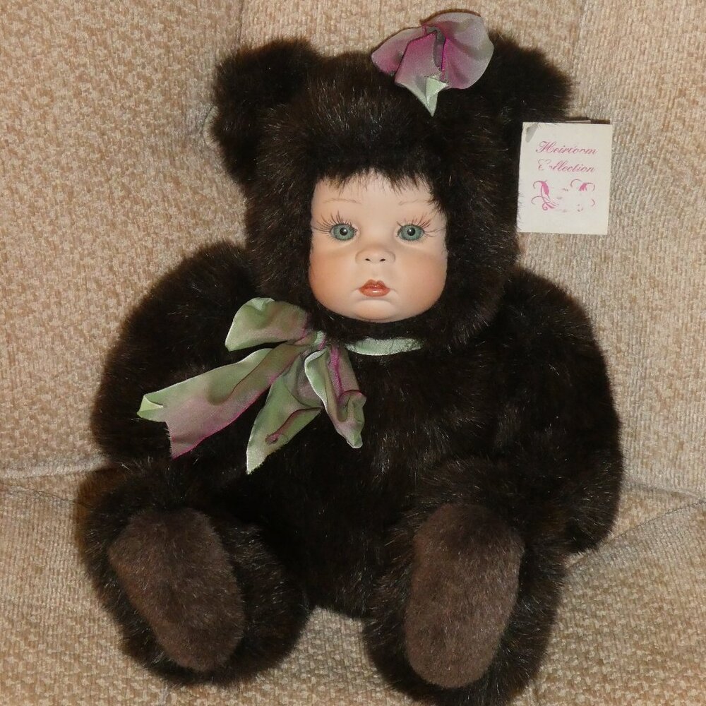 Vintage Porcelain Doll Face Musical Bear Heirloom Collections Signed 1996